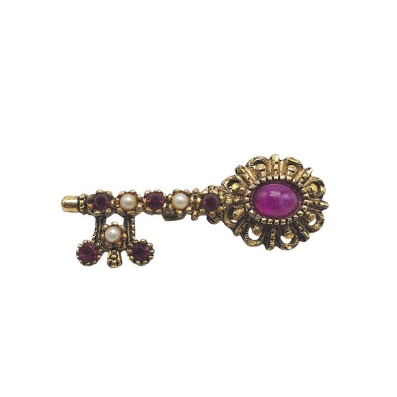 Vintage Key Shaped Brooch Pin With Faux Ruby Pearl Accents Gold Tone Metal - Picture 1 of 4